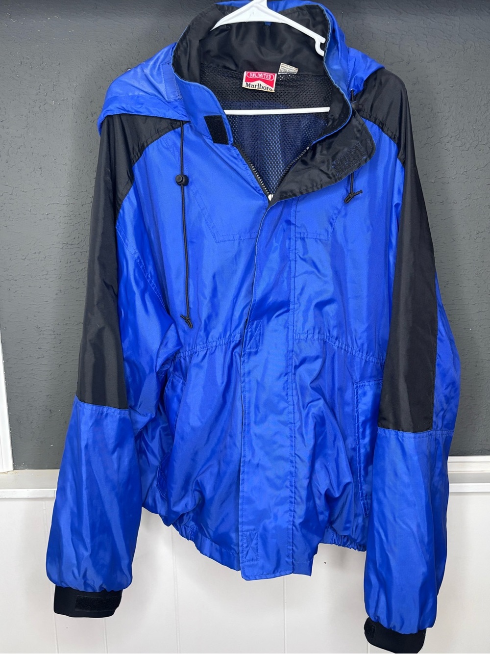 Marlboro Blue and Black Men's Hooded Windbreaker Jacket